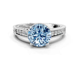 White gold Fancy Blue Round Cut Cut Diamond Milgrain Pave Band Four-Prong Setting Ring_15