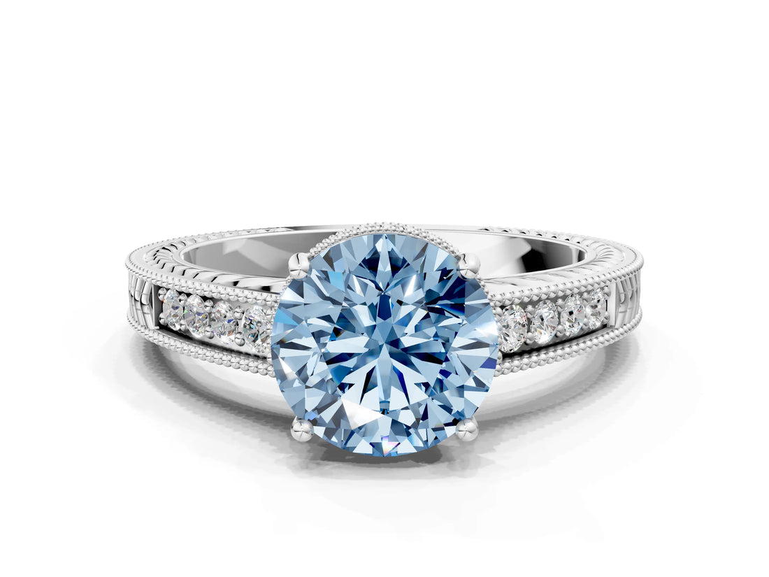 White gold Fancy Blue Round Cut Cut Diamond Milgrain Pave Band Four-Prong Setting Ring_15