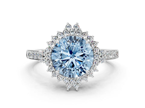 White gold Fancy Blue Round Cut Cut Diamond Sunburst Halo Engagement Ring with Pavé Band_12