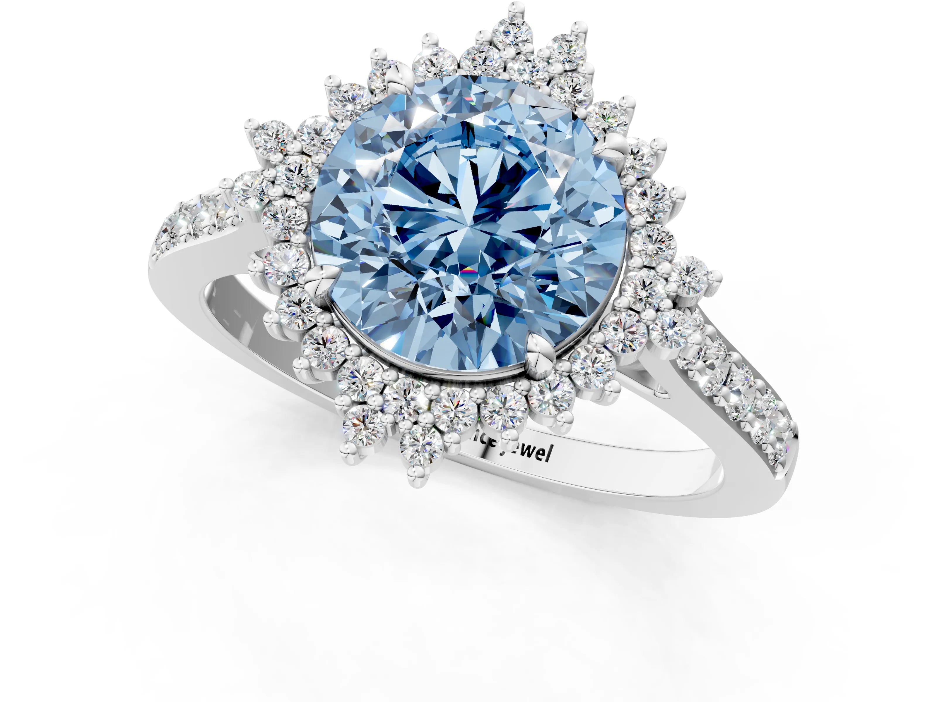 White gold Fancy Blue Round Cut Cut Diamond Sunburst Halo Engagement Ring with Pavé Band_13