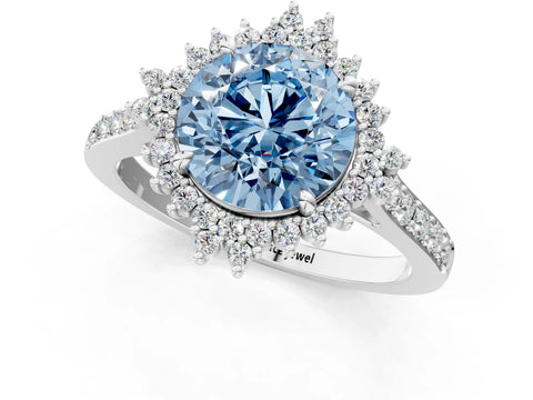 White gold Fancy Blue Round Cut Cut Diamond Sunburst Halo Engagement Ring with Pavé Band_13