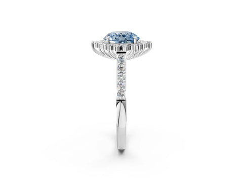 White gold Fancy Blue Round Cut Cut Diamond Sunburst Halo Engagement Ring with Pavé Band_14