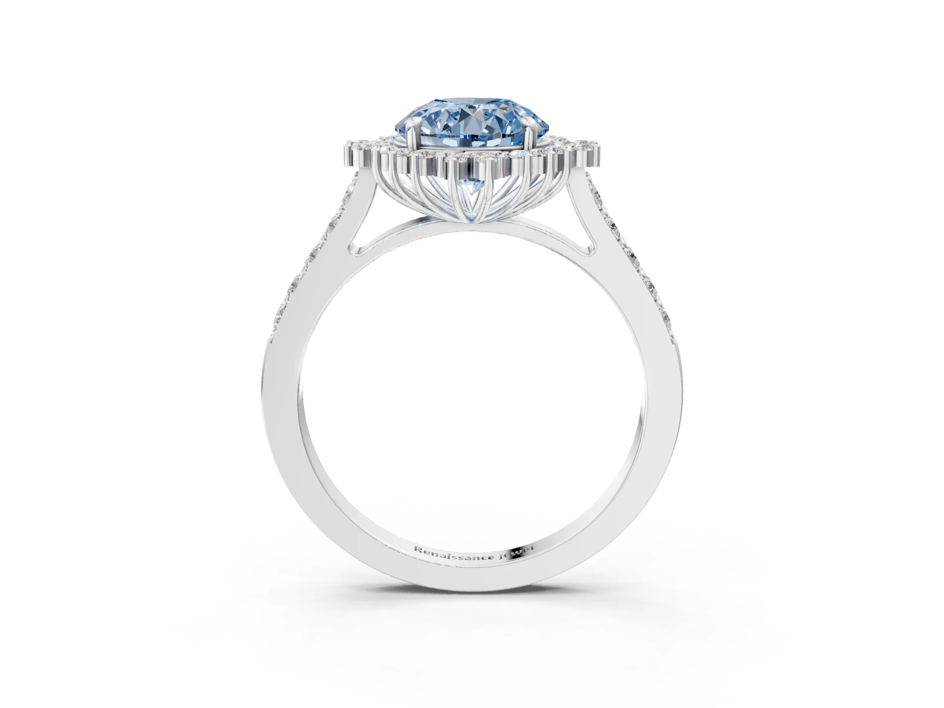 White gold Fancy Blue Round Cut Cut Diamond Sunburst Halo Engagement Ring with Pavé Band_15