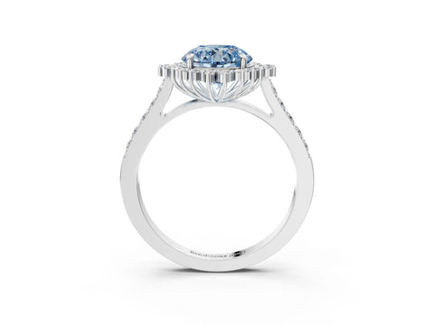 White gold Fancy Blue Round Cut Cut Diamond Sunburst Halo Engagement Ring with Pavé Band_15