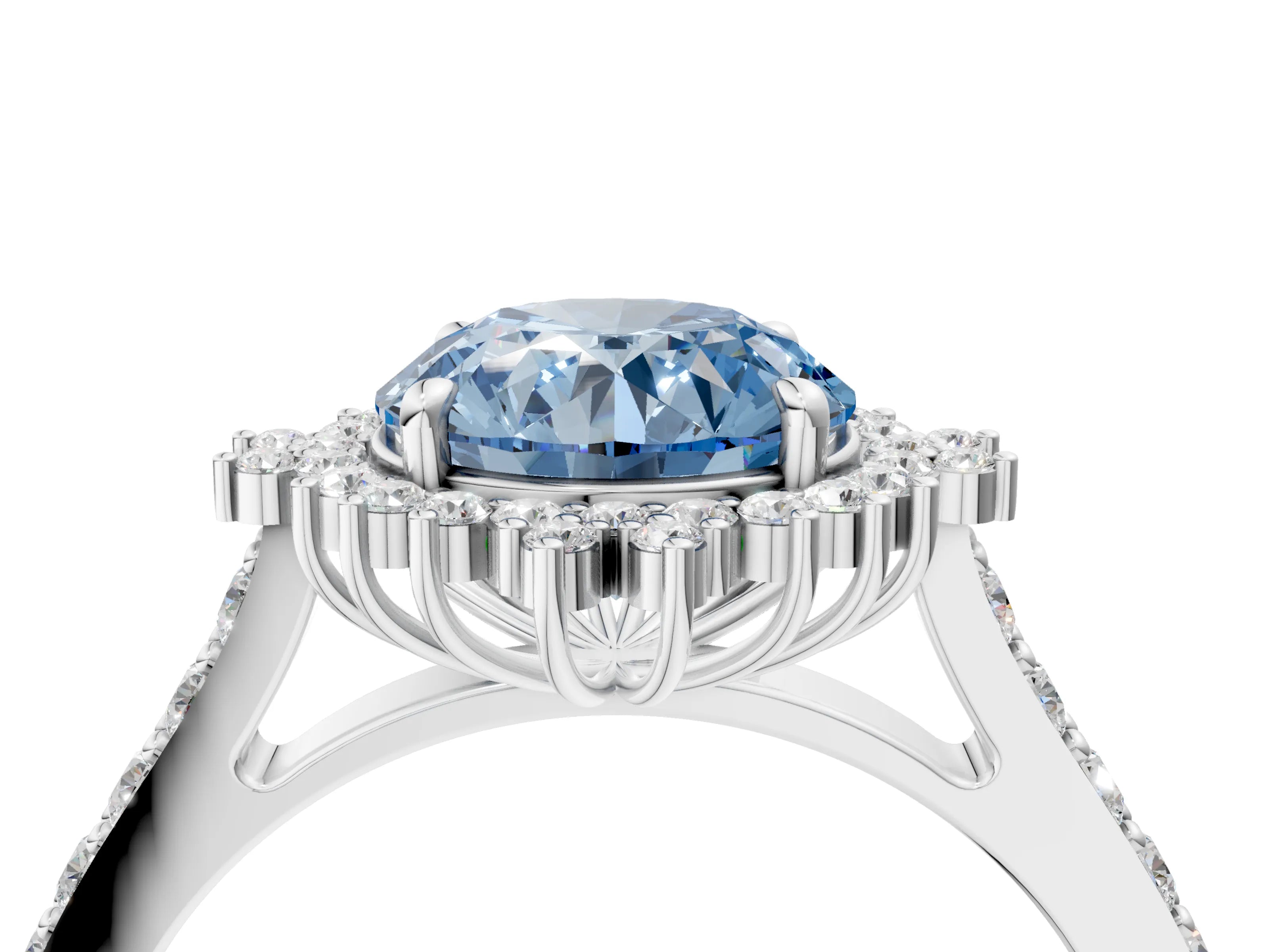 White gold Fancy Blue Round Cut Cut Diamond Sunburst Halo Engagement Ring with Pavé Band_16