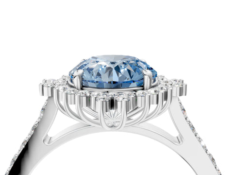 White gold Fancy Blue Round Cut Cut Diamond Sunburst Halo Engagement Ring with Pavé Band_16