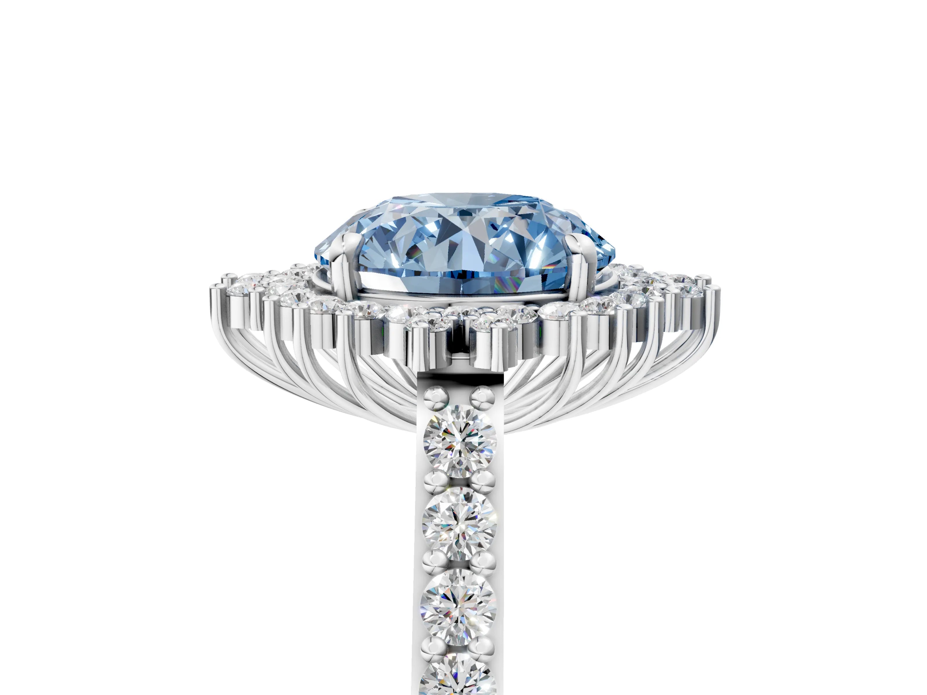 White gold Fancy Blue Round Cut Cut Diamond Sunburst Halo Engagement Ring with Pavé Band_17