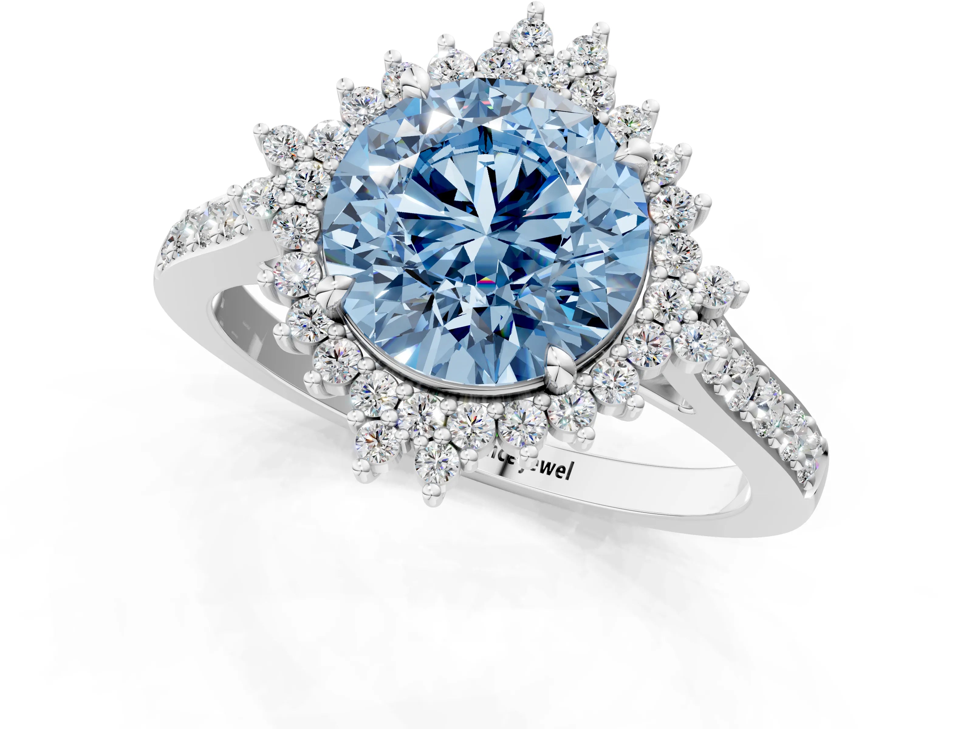 White gold Fancy Blue Round Cut Cut Diamond Sunburst Halo Engagement Ring with Pavé Band_1