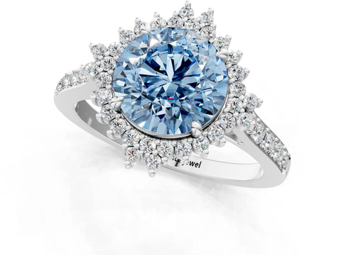 White gold Fancy Blue Round Cut Cut Diamond Sunburst Halo Engagement Ring with Pavé Band_1