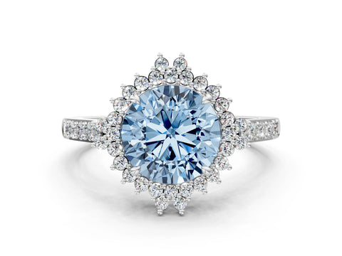 White gold Fancy Blue Round Cut Cut Diamond Sunburst Halo Engagement Ring with Pavé Band