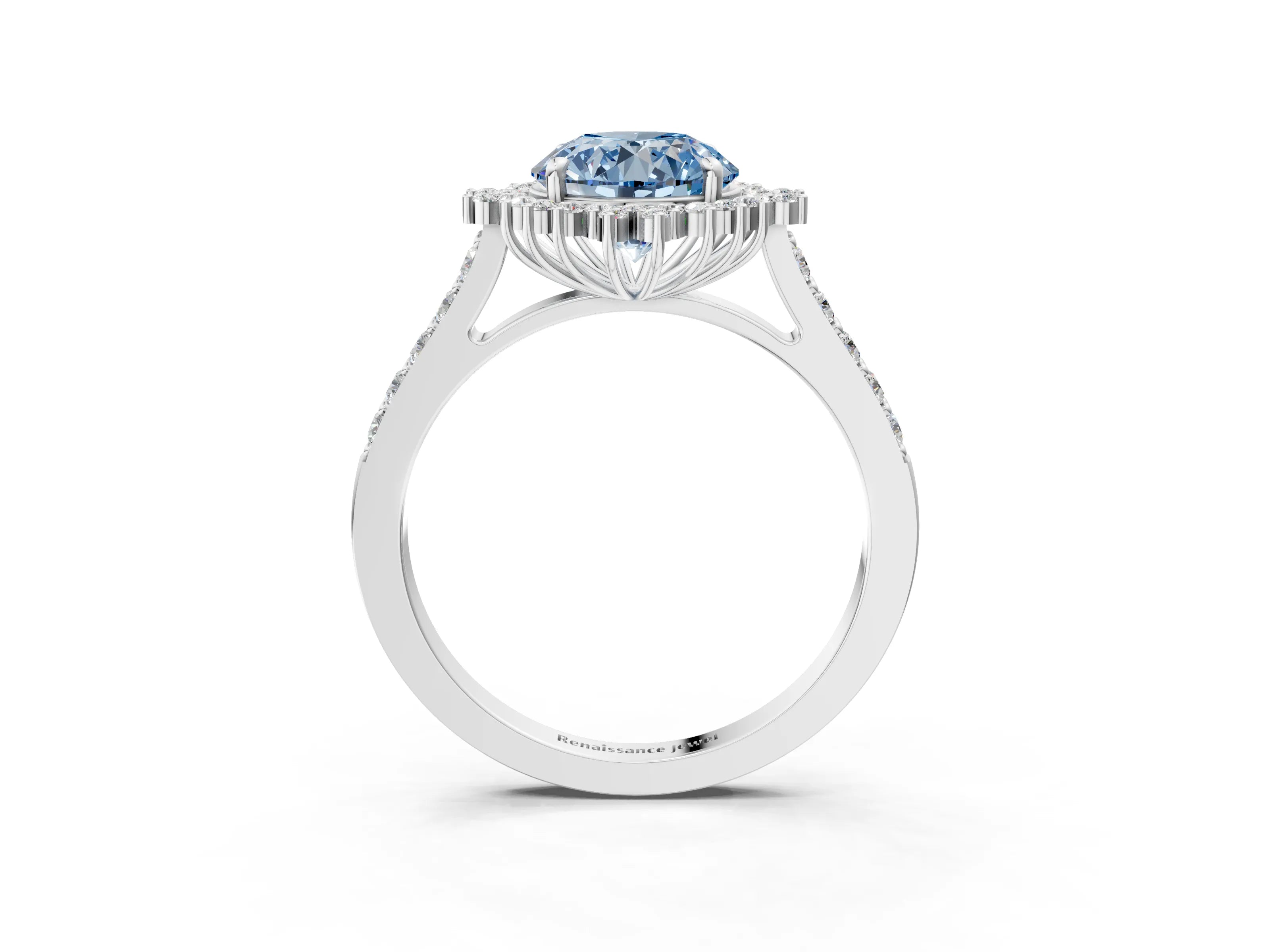 White gold Fancy Blue Round Cut Cut Diamond Sunburst Halo Engagement Ring with Pavé Band_3
