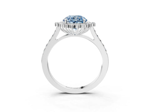 White gold Fancy Blue Round Cut Cut Diamond Sunburst Halo Engagement Ring with Pavé Band_3