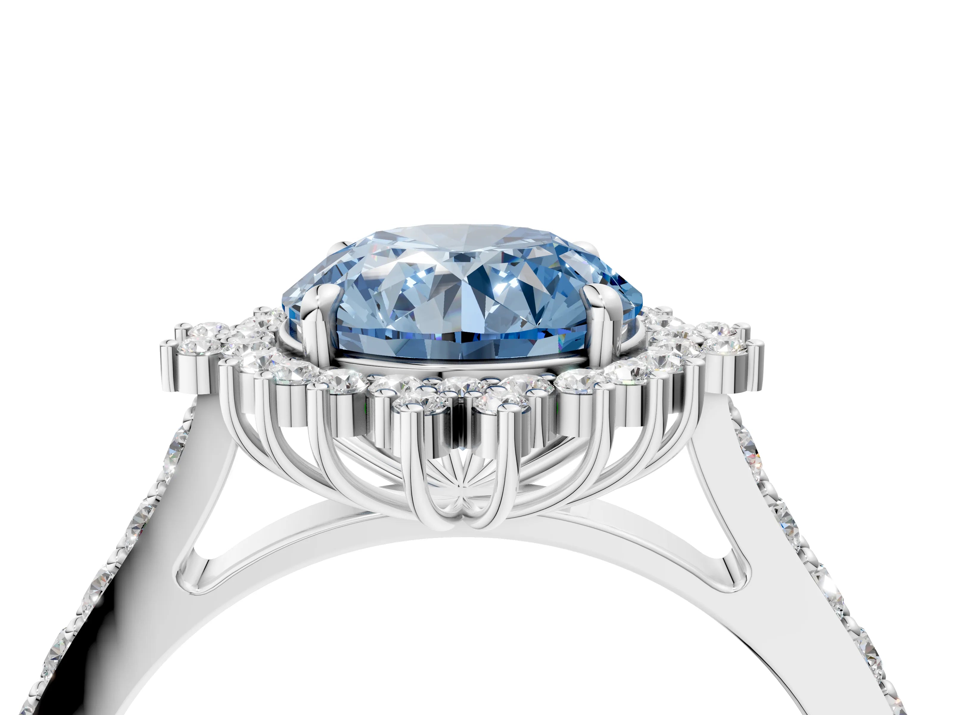 White gold Fancy Blue Round Cut Cut Diamond Sunburst Halo Engagement Ring with Pavé Band_4