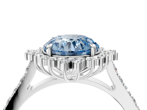 White gold Fancy Blue Round Cut Cut Diamond Sunburst Halo Engagement Ring with Pavé Band_4