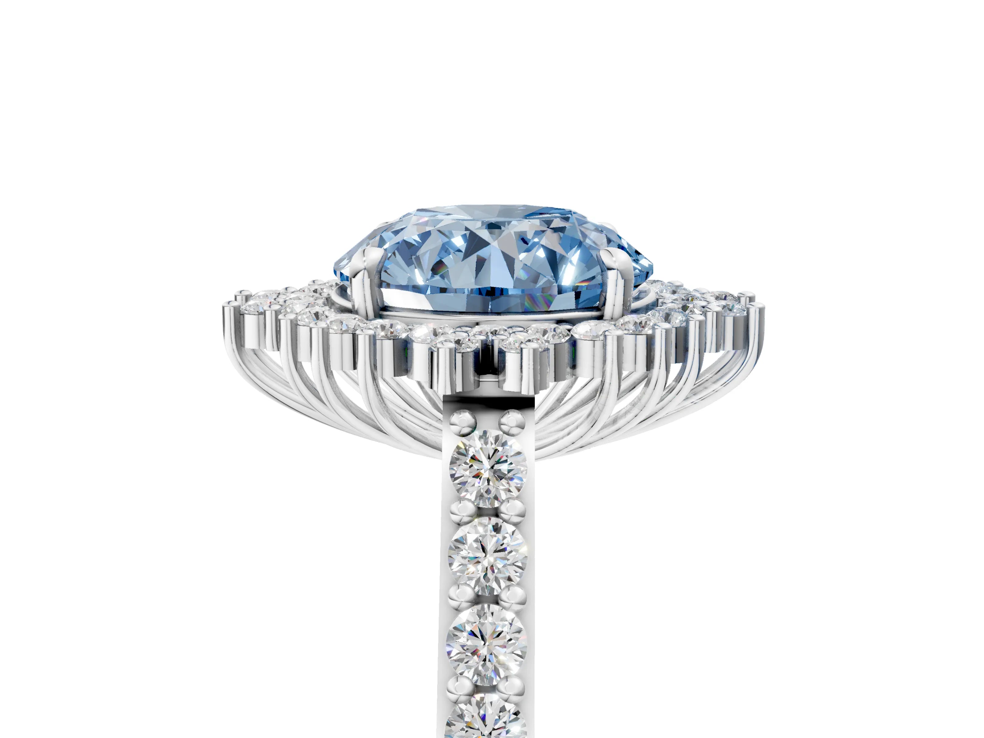 White gold Fancy Blue Round Cut Cut Diamond Sunburst Halo Engagement Ring with Pavé Band_5