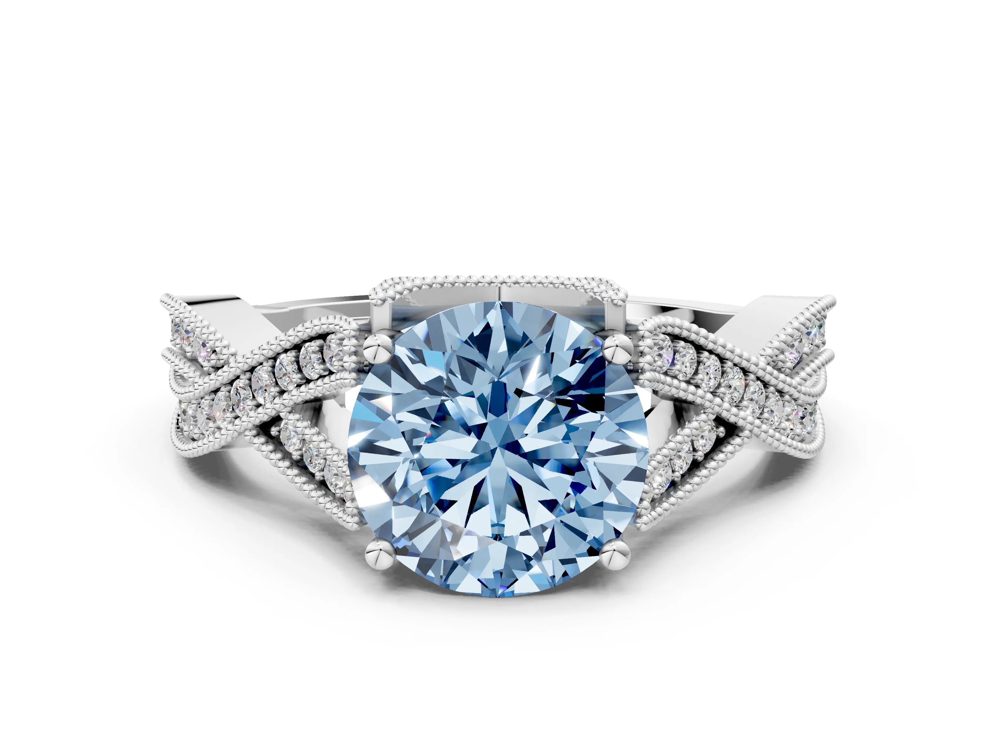 White gold Fancy Blue Round Cut Cut Diamond Twisted Band with Milgrain Pave Setting and Four-Prong Setting