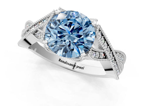 White gold Fancy Blue Round Cut Cut Diamond Twisted Band with Milgrain Pave Setting and Four-Prong Setting_1