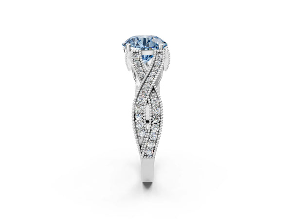 Platinum Fancy Blue Round Cut Cut Diamond Twisted Band with Milgrain Pave Setting and Four-Prong Setting