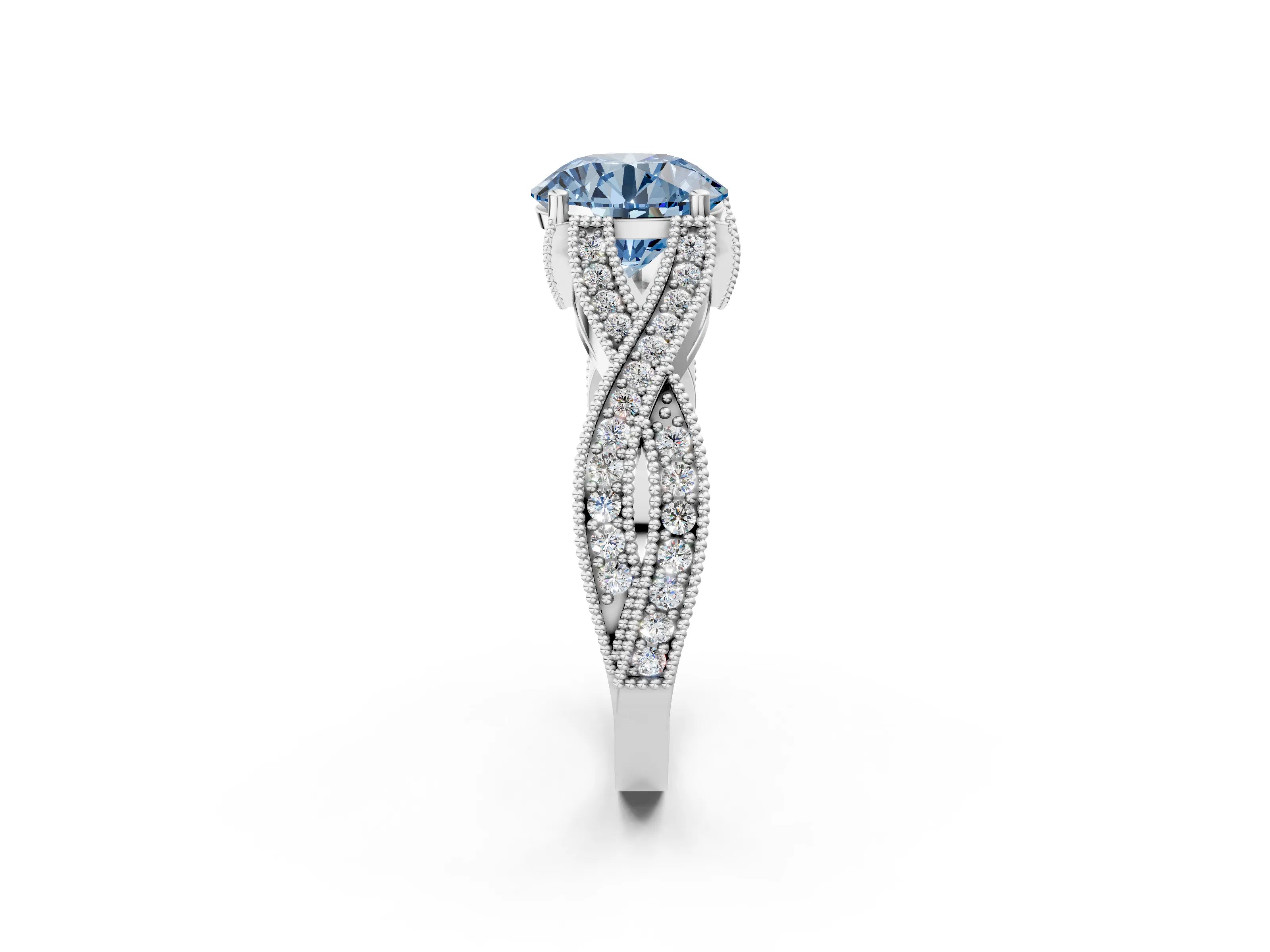 White gold Fancy Blue Round Cut Cut Diamond Twisted Band with Milgrain Pave Setting and Four-Prong Setting_2