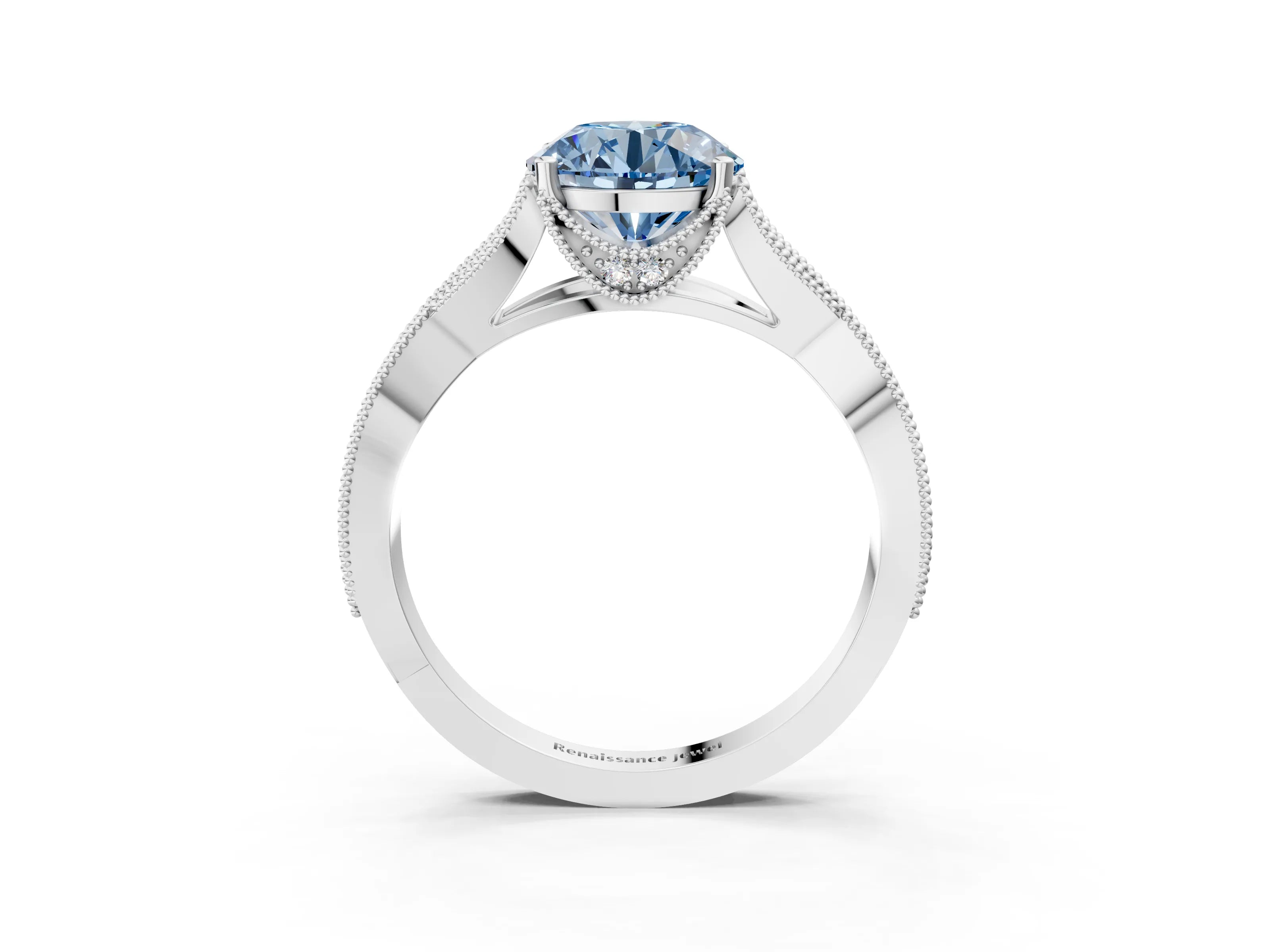 White gold Fancy Blue Round Cut Cut Diamond Twisted Band with Milgrain Pave Setting and Four-Prong Setting_3