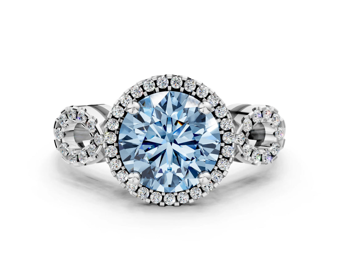 White gold Fancy Blue Round Cut Cut Halo Diamond Infinity Band with Four-Prong Setting