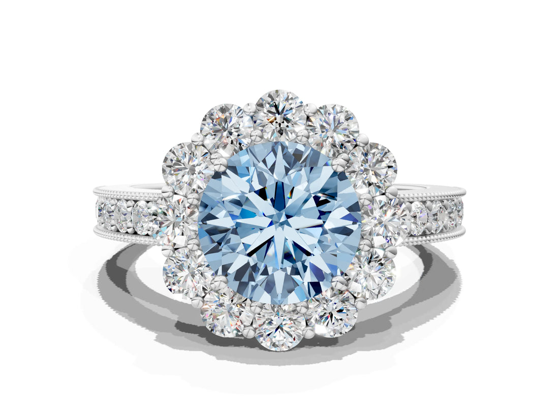 White gold Fancy Blue Round Cut Cut Halo Diamond Pavé Engagement Ring with Milgrain Detailing_24