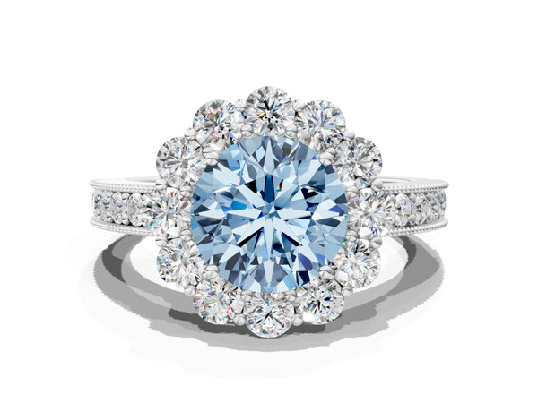 White Gold Round Vintage Halo Engagement Ring Setting for Fancy Blue Center with Milgrain Band