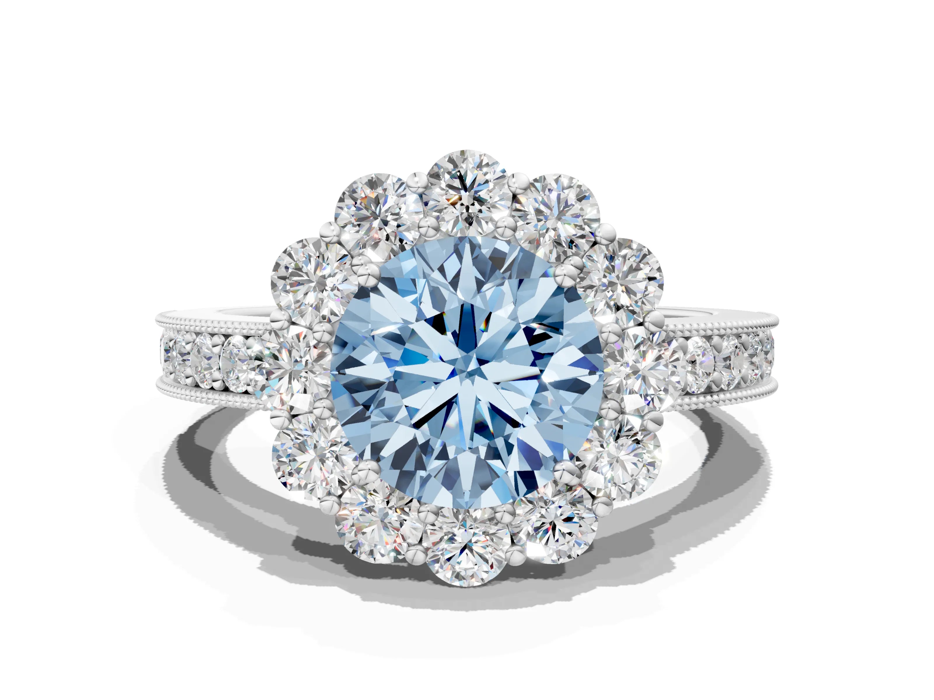 White gold Fancy Blue Round Cut Cut Halo Diamond Pavé Engagement Ring with Milgrain Detailing_24