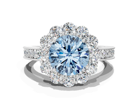 White gold Fancy Blue Round Cut Cut Halo Diamond Pavé Engagement Ring with Milgrain Detailing_24