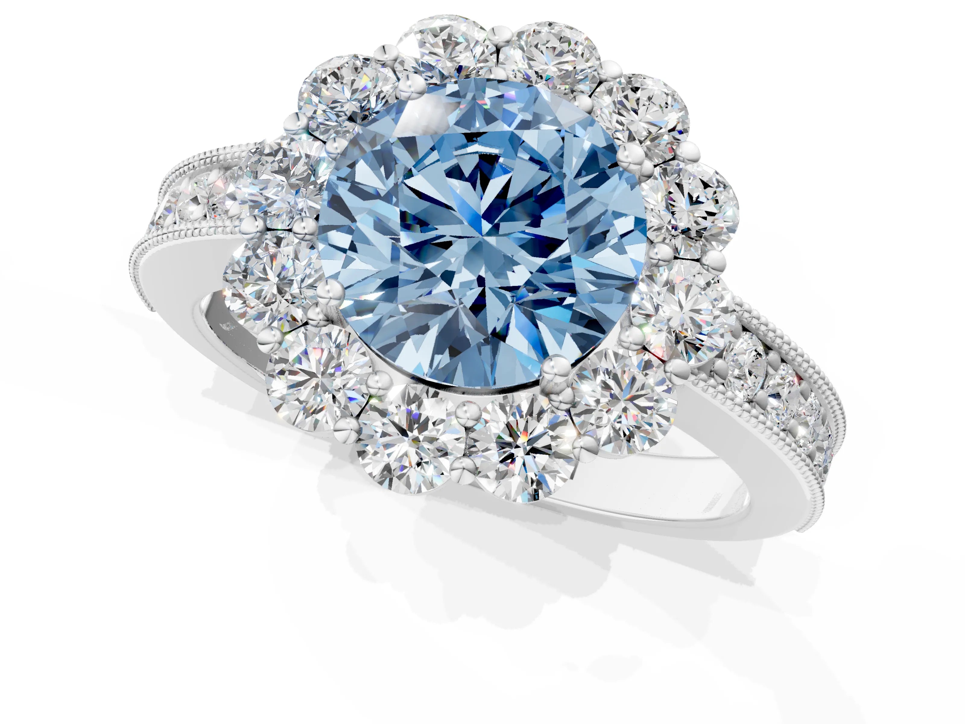White gold Fancy Blue Round Cut Cut Halo Diamond Pavé Engagement Ring with Milgrain Detailing_25