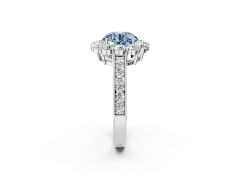 White gold Fancy Blue Round Cut Cut Halo Diamond Pavé Engagement Ring with Milgrain Detailing_26