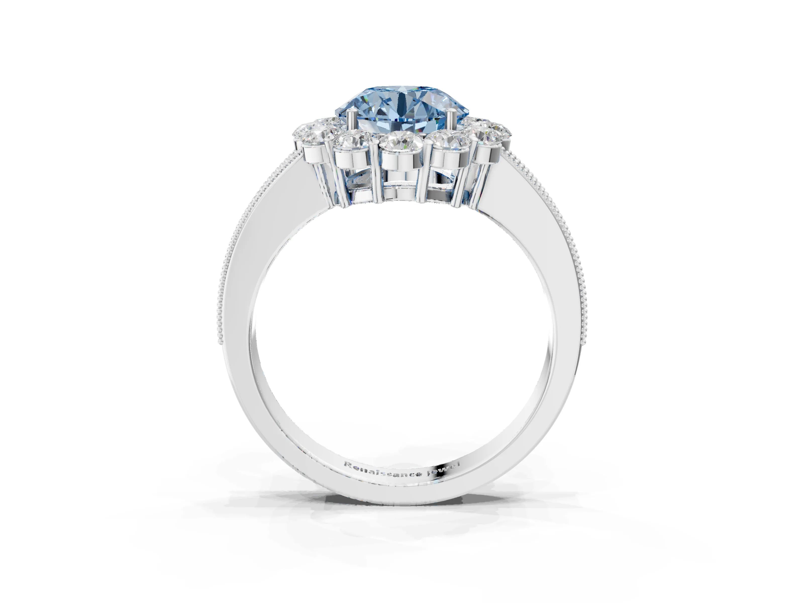White gold Fancy Blue Round Cut Cut Halo Diamond Pavé Engagement Ring with Milgrain Detailing_27