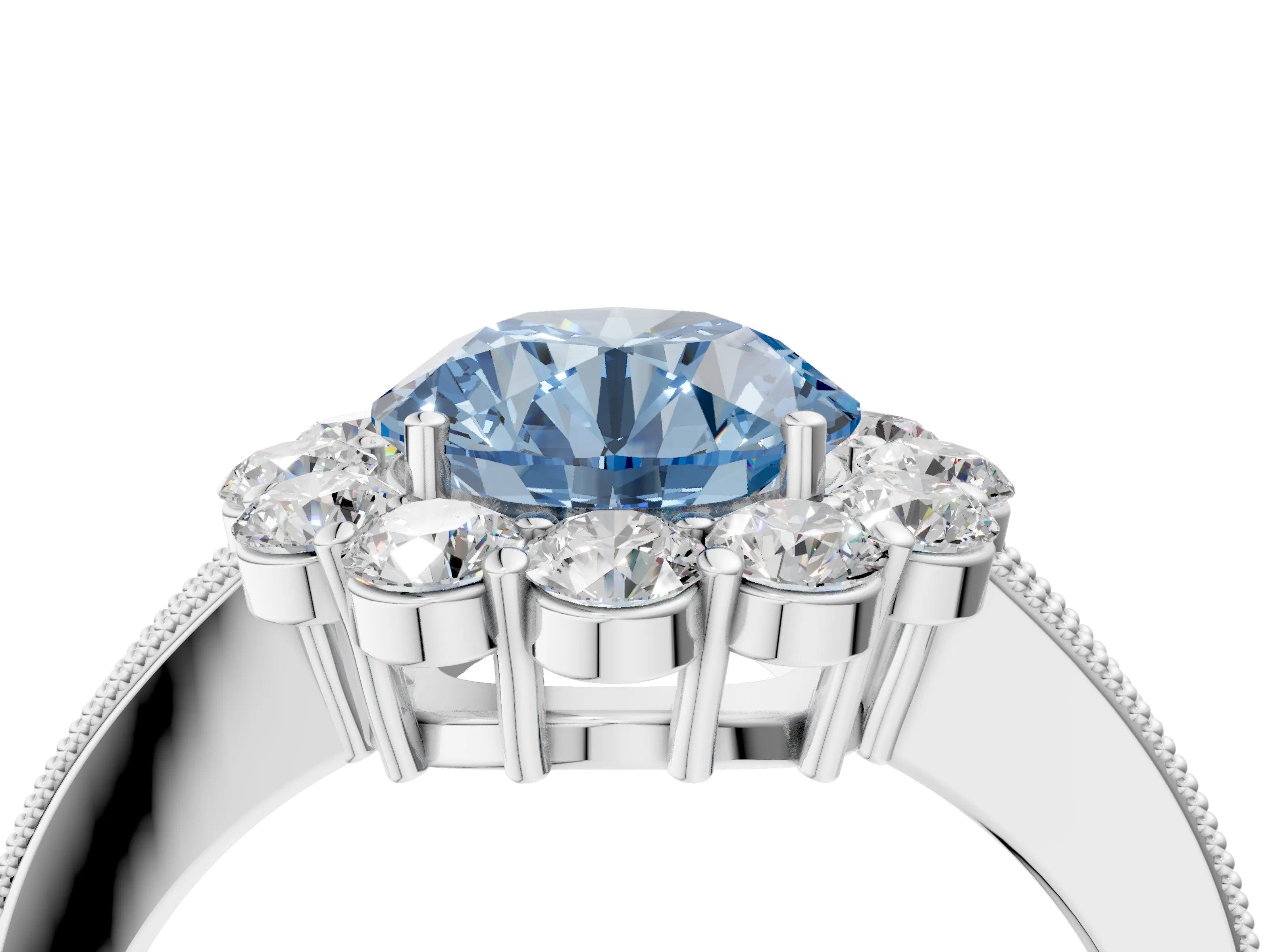 White gold Fancy Blue Round Cut Cut Halo Diamond Pavé Engagement Ring with Milgrain Detailing_28