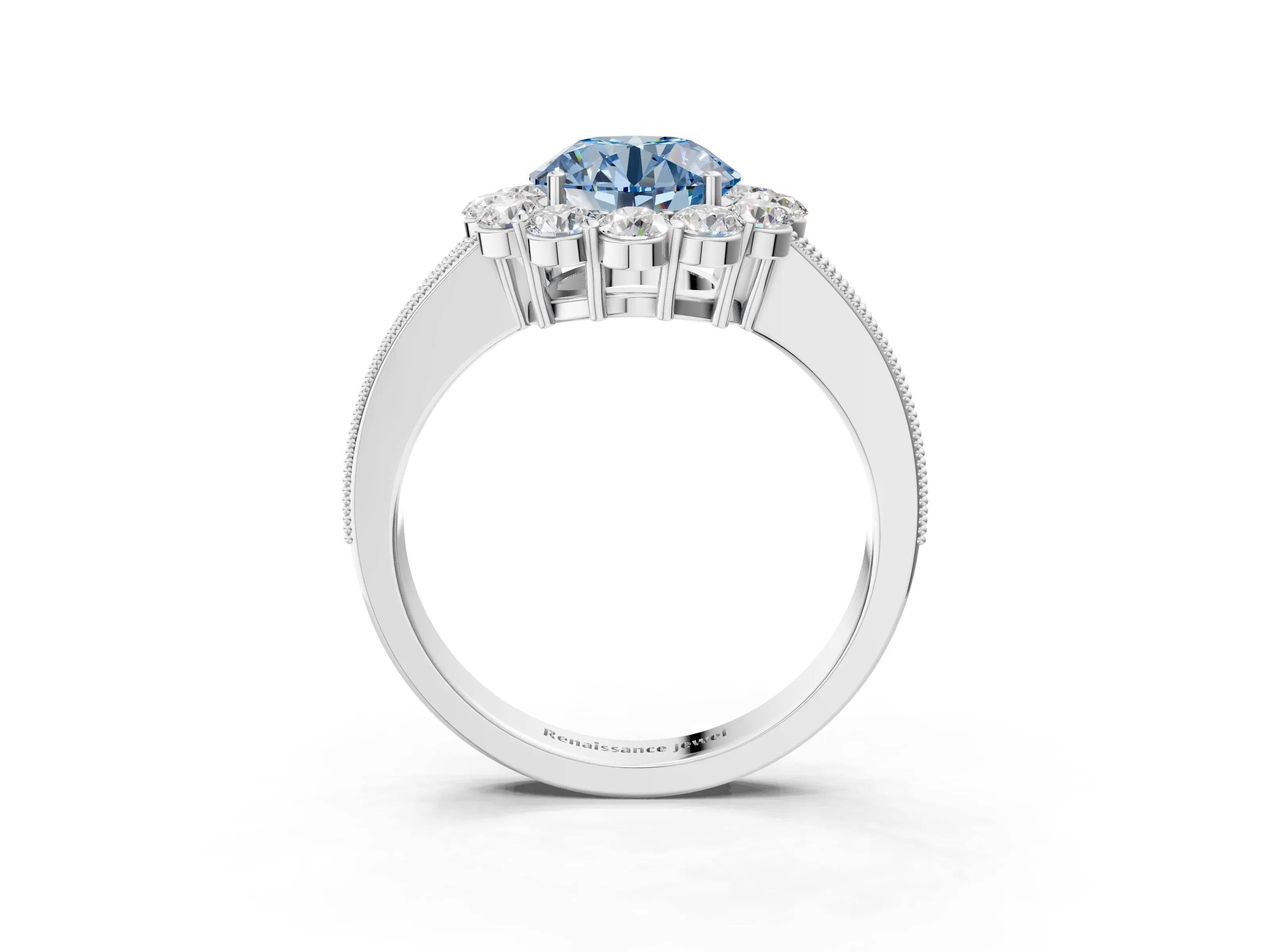 White gold Fancy Blue Round Cut Cut Halo Diamond Pavé Engagement Ring with Milgrain Detailing_39