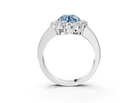 White gold Fancy Blue Round Cut Cut Halo Diamond Pavé Engagement Ring with Milgrain Detailing_39
