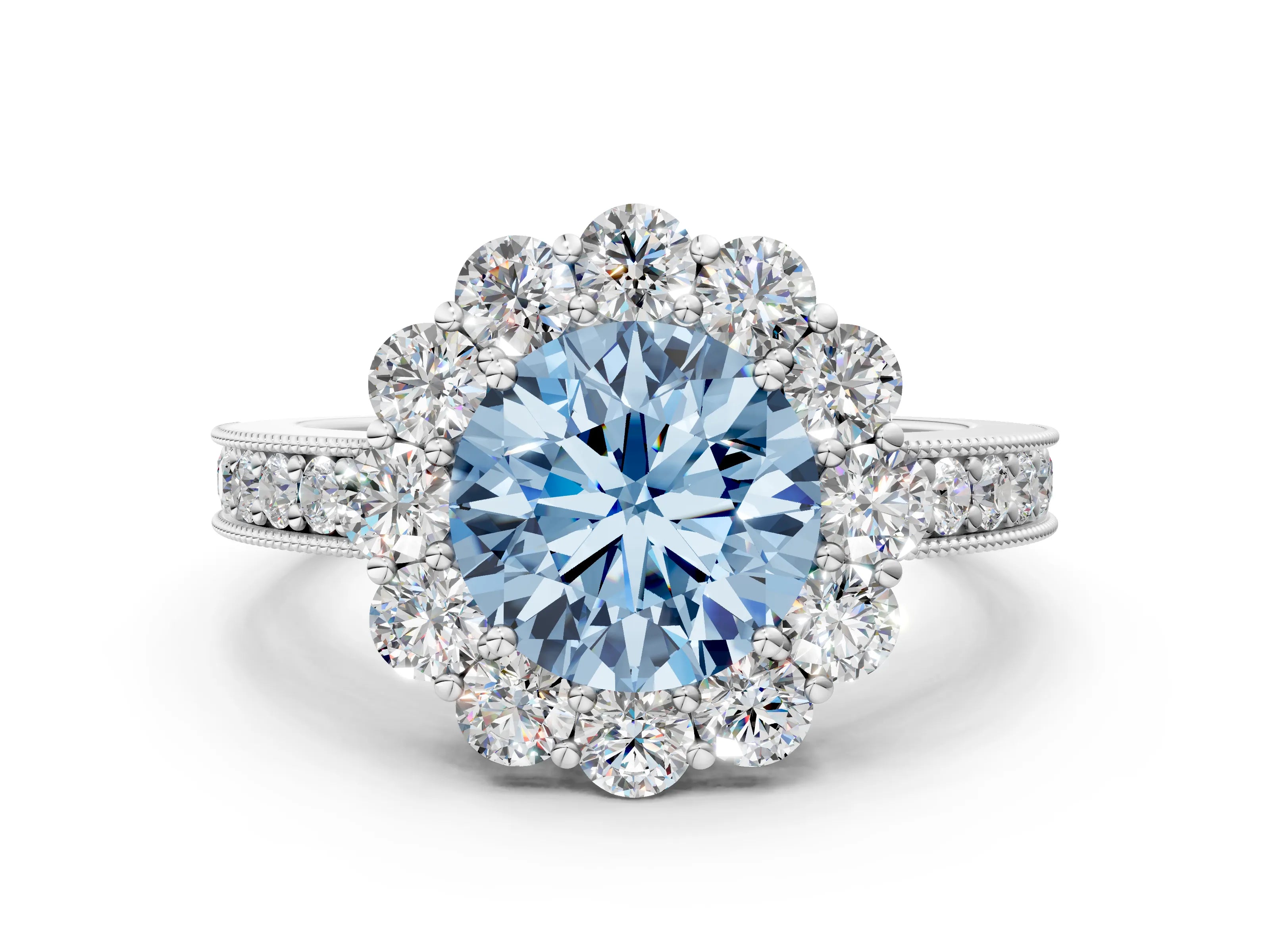 White gold Fancy Blue Round Cut Cut Halo Diamond Pavé Engagement Ring with Milgrain Detailing_48