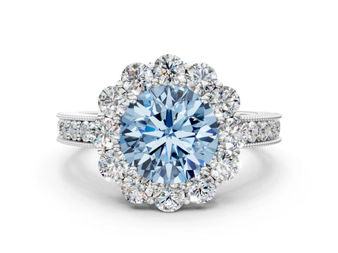 White gold Fancy Blue Round Cut Cut Halo Diamond Pavé Engagement Ring with Milgrain Detailing_48