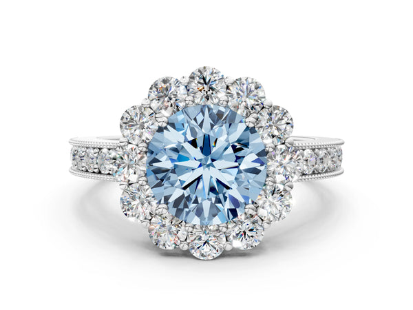 White Gold Round Vintage Halo Engagement Ring Setting for Fancy Blue Center with Milgrain Band