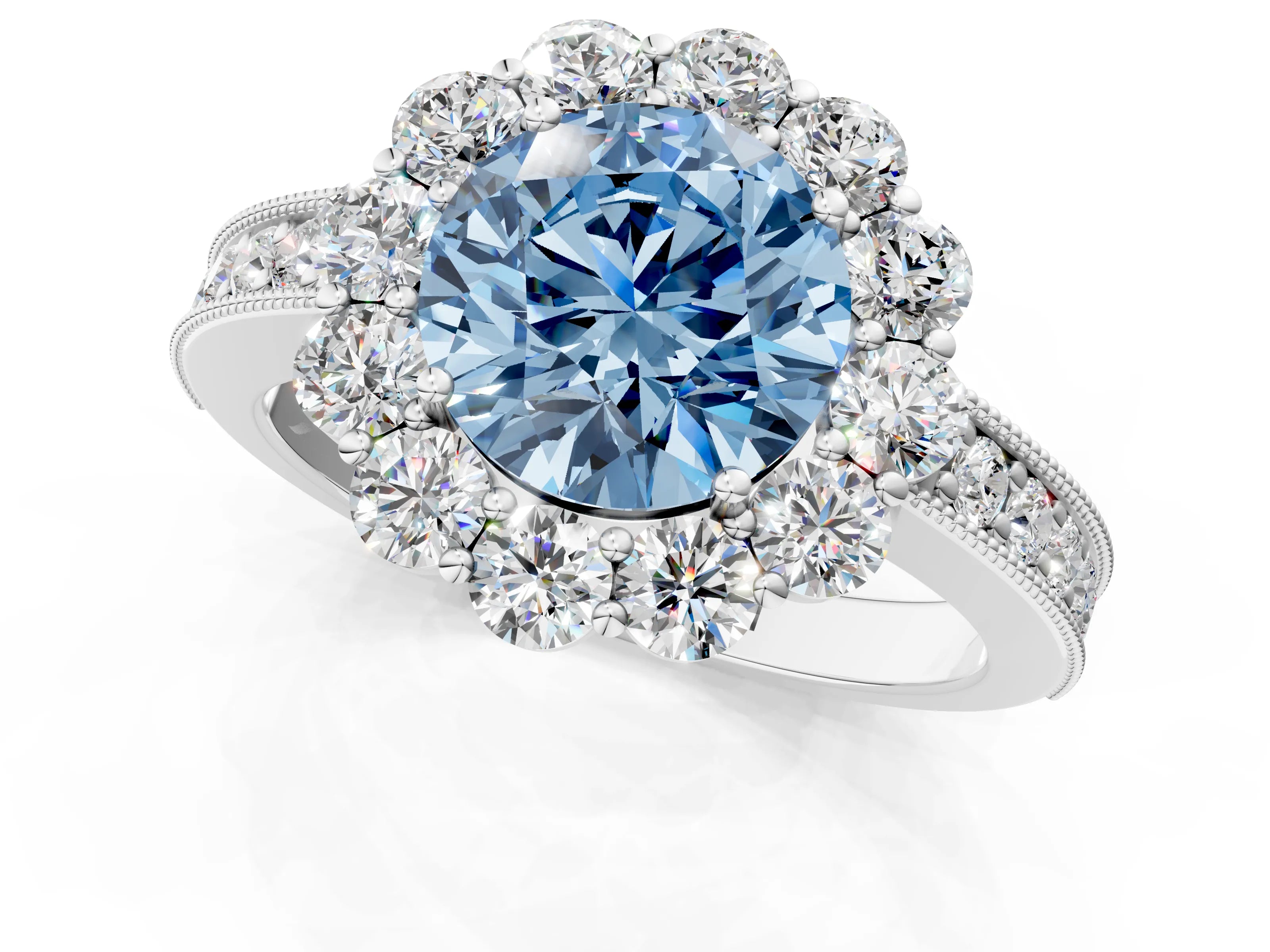 White gold Fancy Blue Round Cut Cut Halo Diamond Pavé Engagement Ring with Milgrain Detailing_49