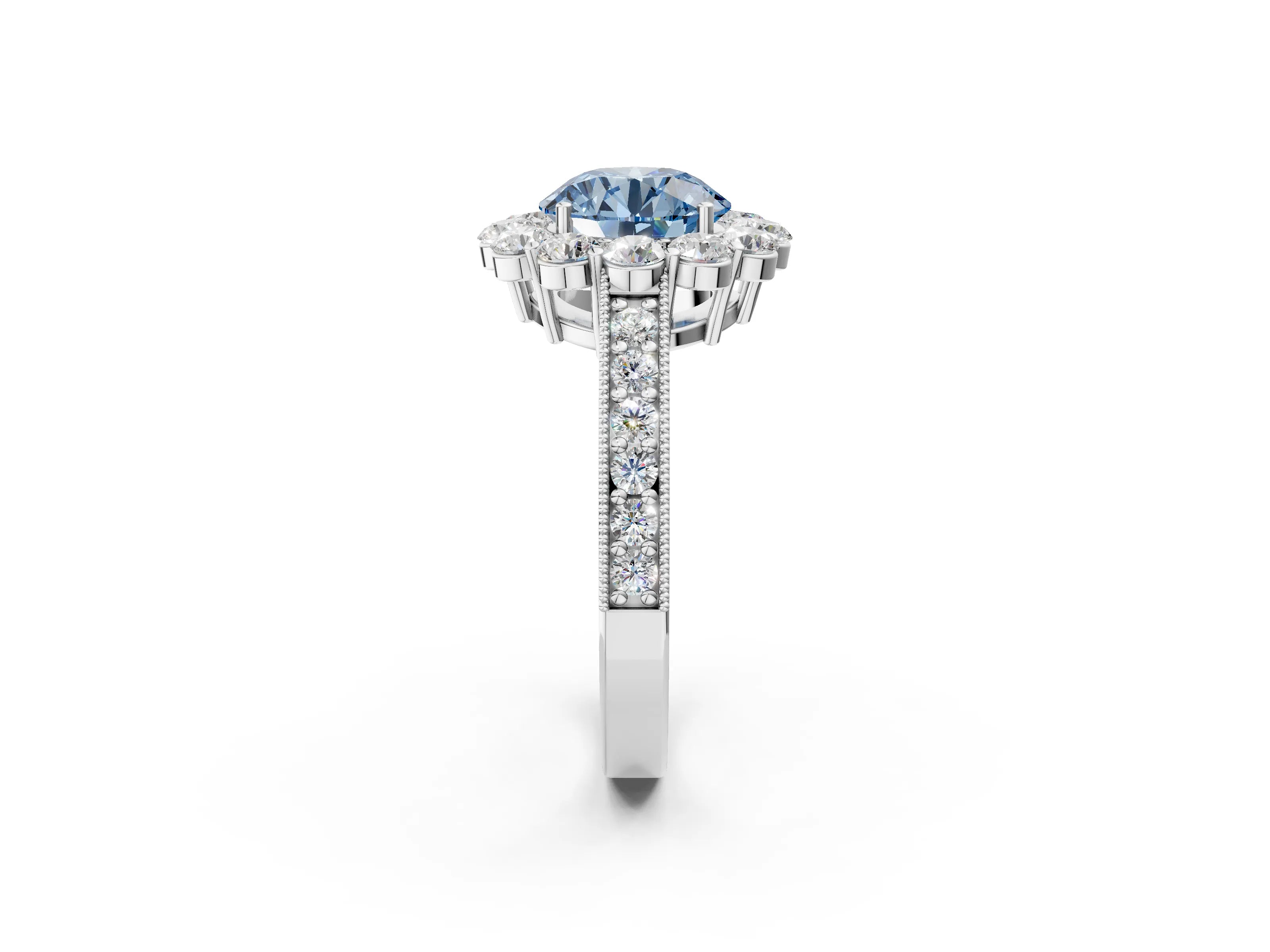 White gold Fancy Blue Round Cut Cut Halo Diamond Pavé Engagement Ring with Milgrain Detailing_50