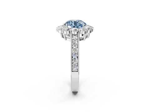 White gold Fancy Blue Round Cut Cut Halo Diamond Pavé Engagement Ring with Milgrain Detailing_50