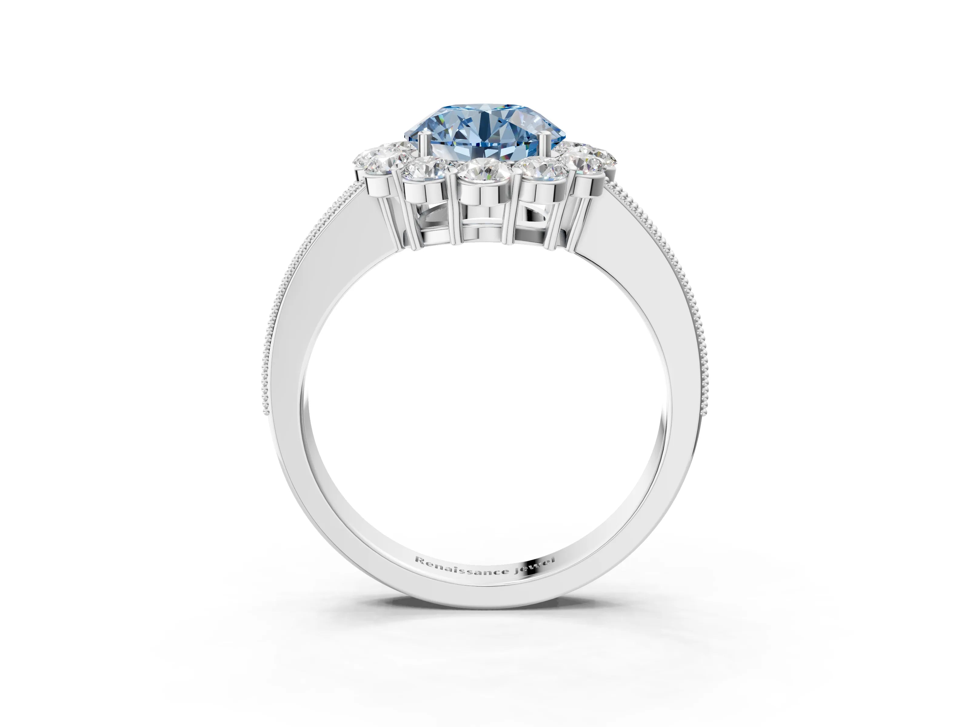 White gold Fancy Blue Round Cut Cut Halo Diamond Pavé Engagement Ring with Milgrain Detailing_51