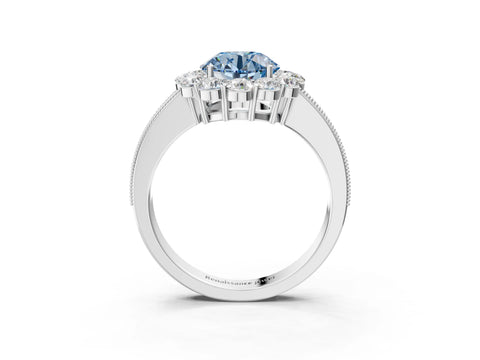 White gold Fancy Blue Round Cut Cut Halo Diamond Pavé Engagement Ring with Milgrain Detailing_51