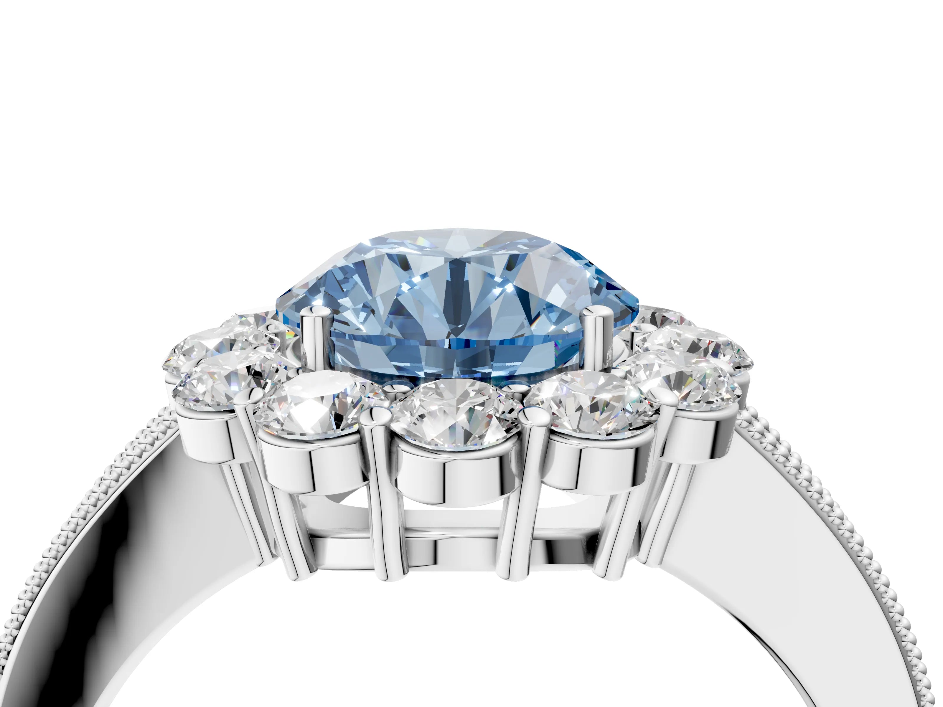 White gold Fancy Blue Round Cut Cut Halo Diamond Pavé Engagement Ring with Milgrain Detailing_52