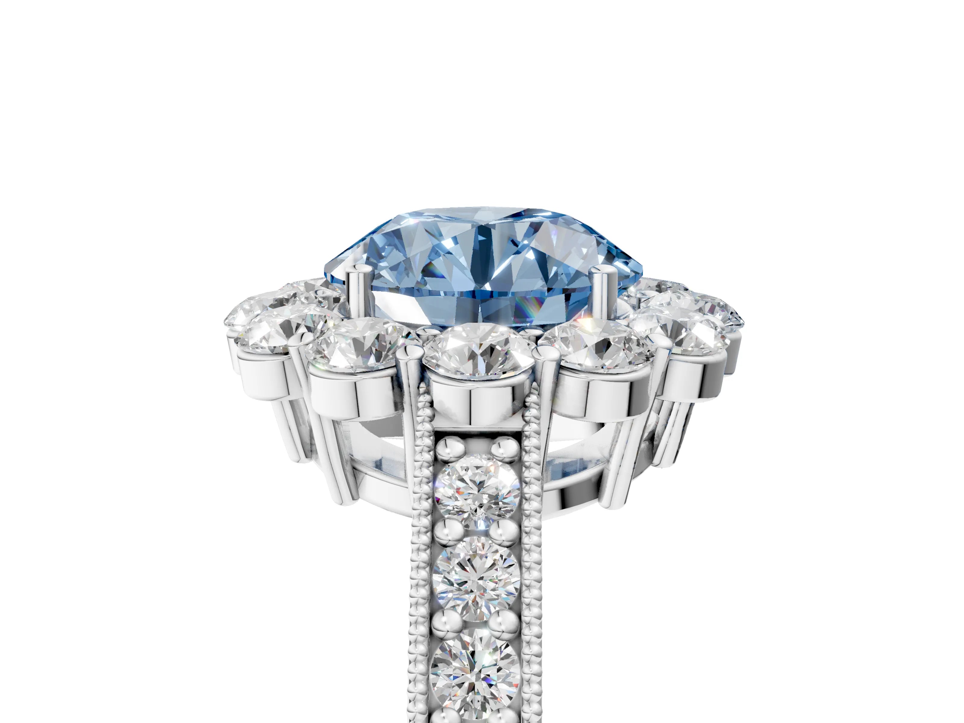 White gold Fancy Blue Round Cut Cut Halo Diamond Pavé Engagement Ring with Milgrain Detailing_53