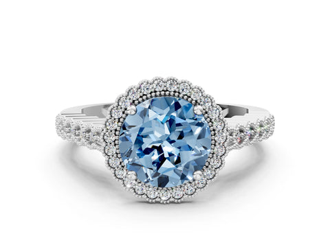 White gold Fancy Blue Round Cut Cut Halo Pavé Solitaire Ring with Milgrain Band_12