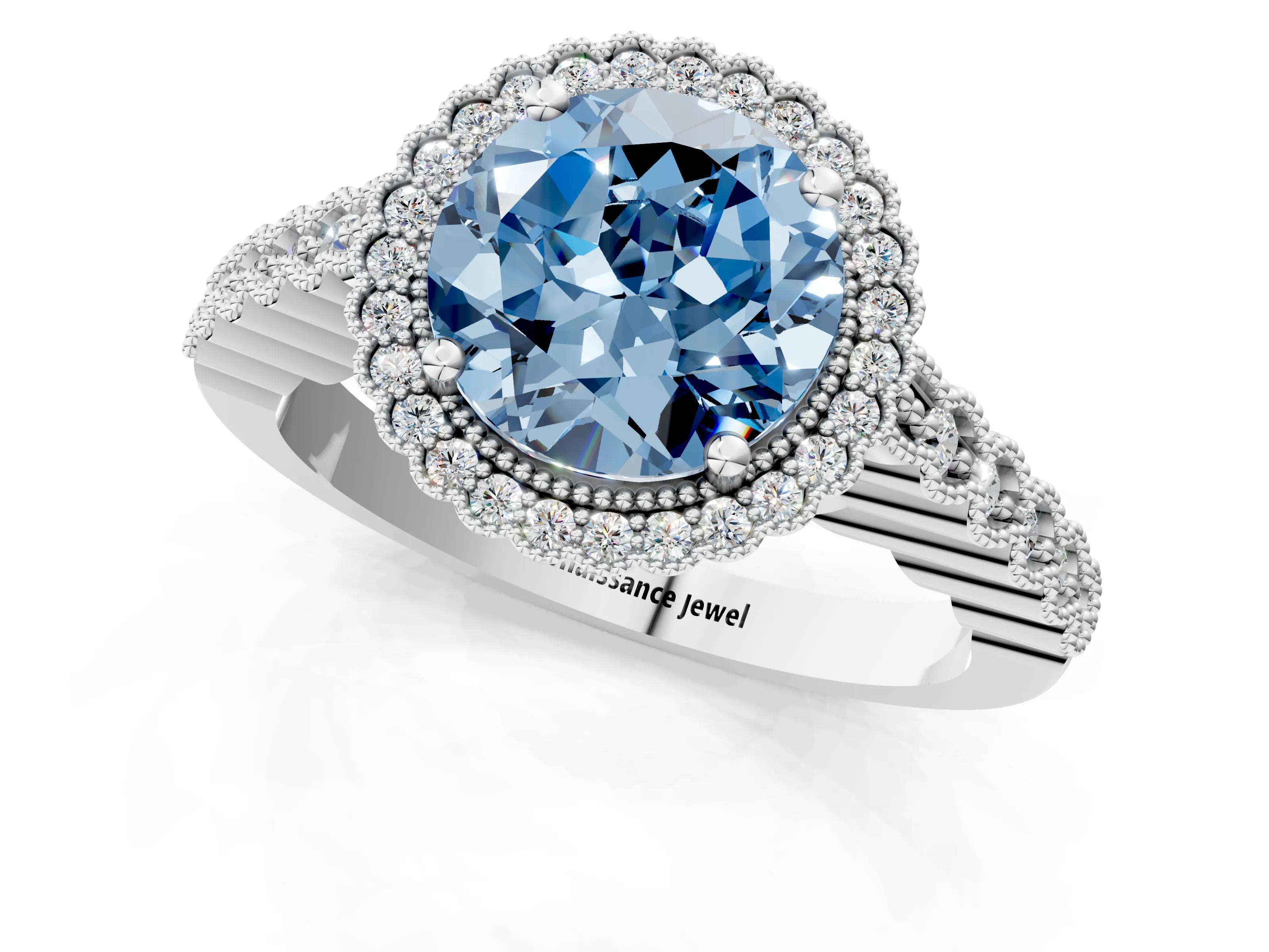White gold Fancy Blue Round Cut Cut Halo Pavé Solitaire Ring with Milgrain Band_13