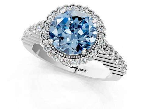 White gold Fancy Blue Round Cut Cut Halo Pavé Solitaire Ring with Milgrain Band_13