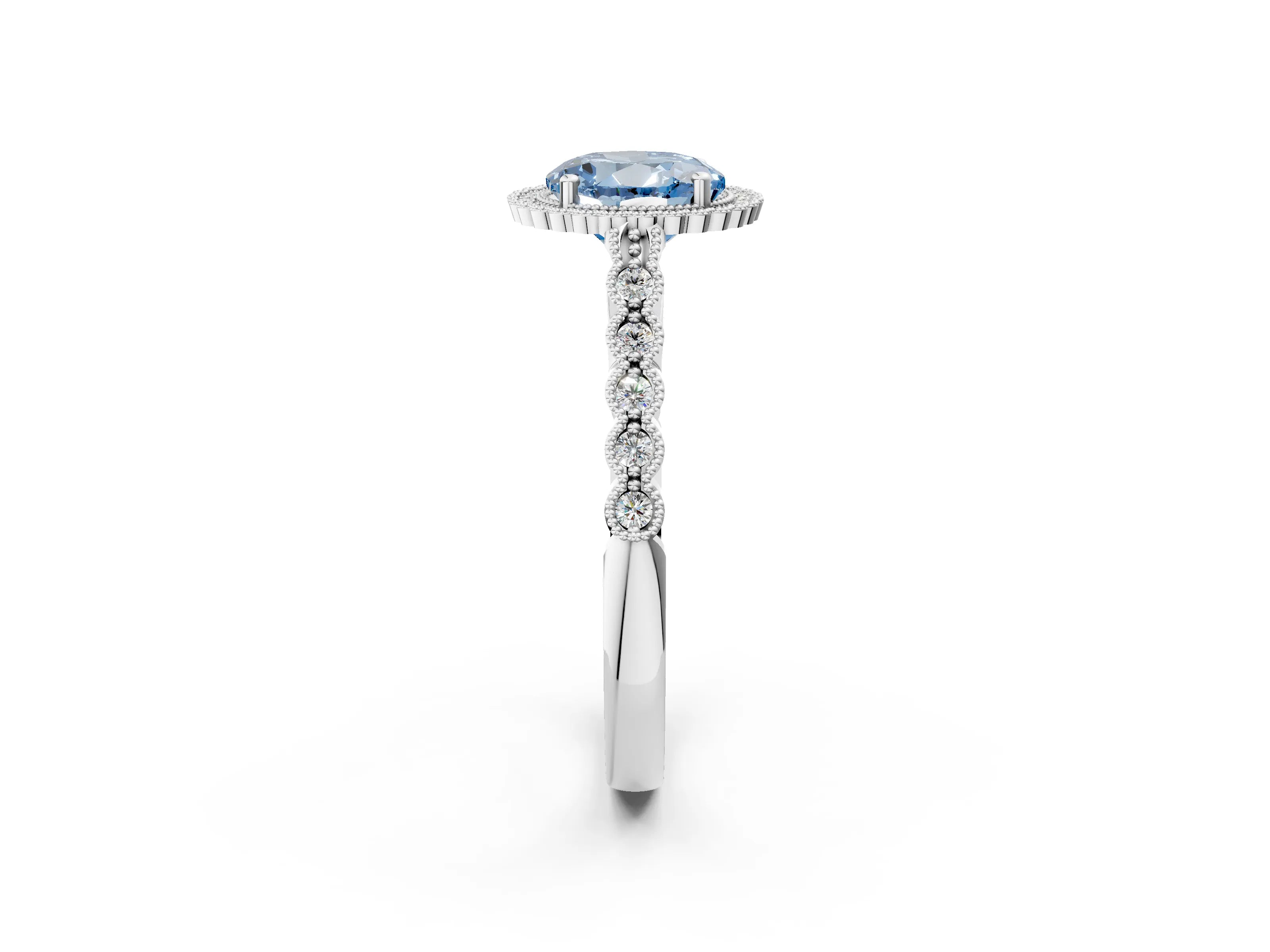 White gold Fancy Blue Round Cut Cut Halo Pavé Solitaire Ring with Milgrain Band_14