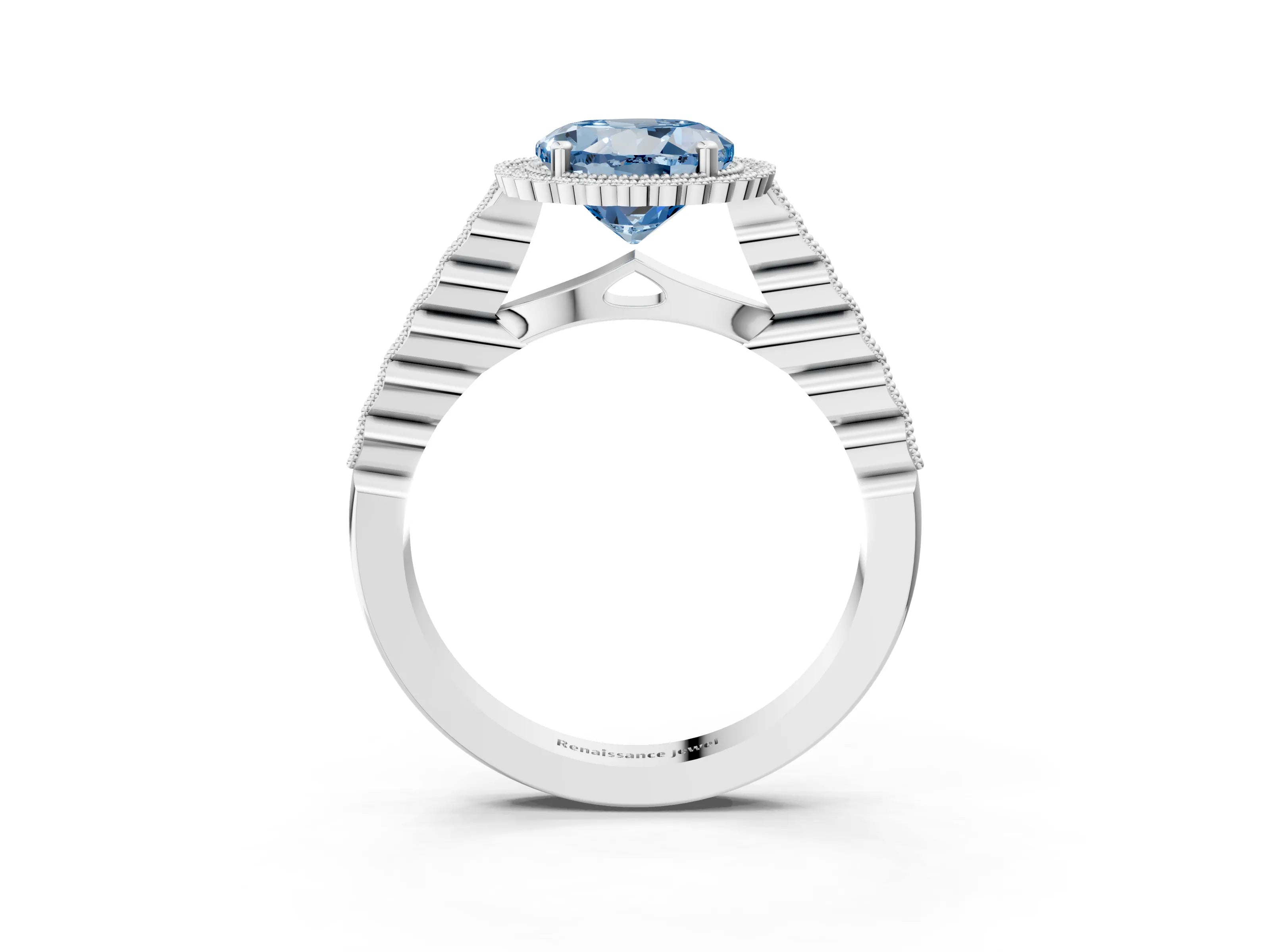White gold Fancy Blue Round Cut Cut Halo Pavé Solitaire Ring with Milgrain Band_15